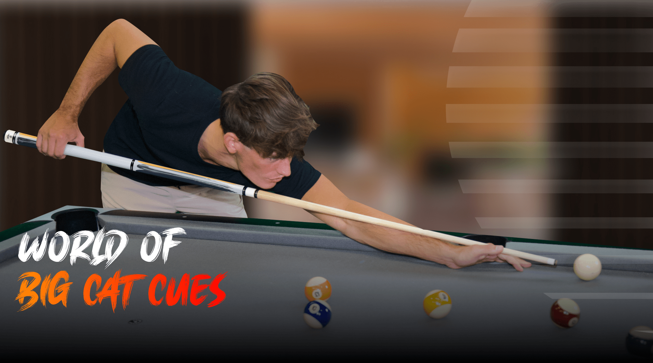Person playing pool with 'World of Big Cat Cues' branding