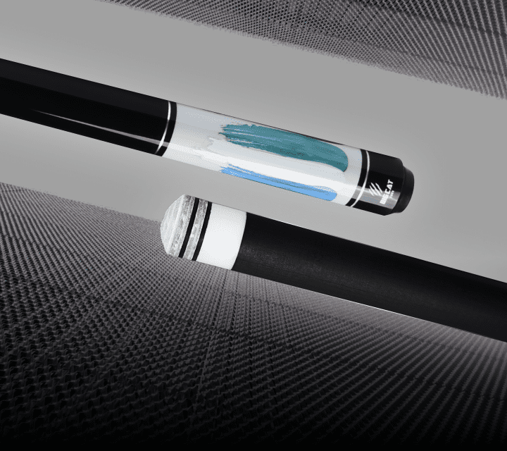 Two pool cues with a brand logo on a textured gray background