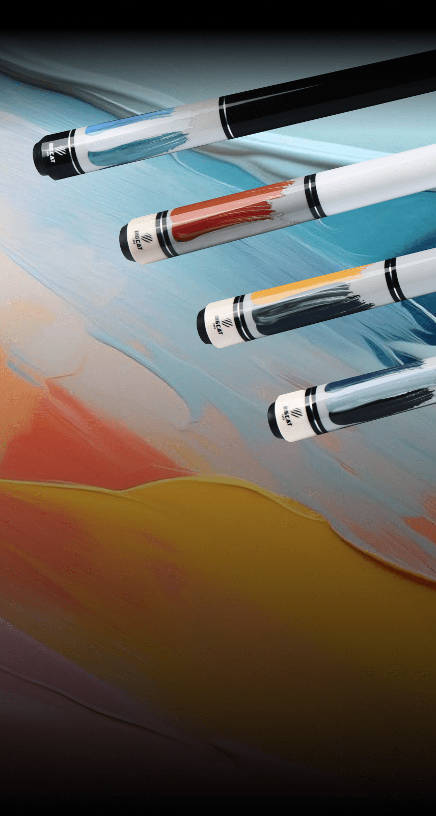 Four pool cues with different color designs on a colorful abstract background