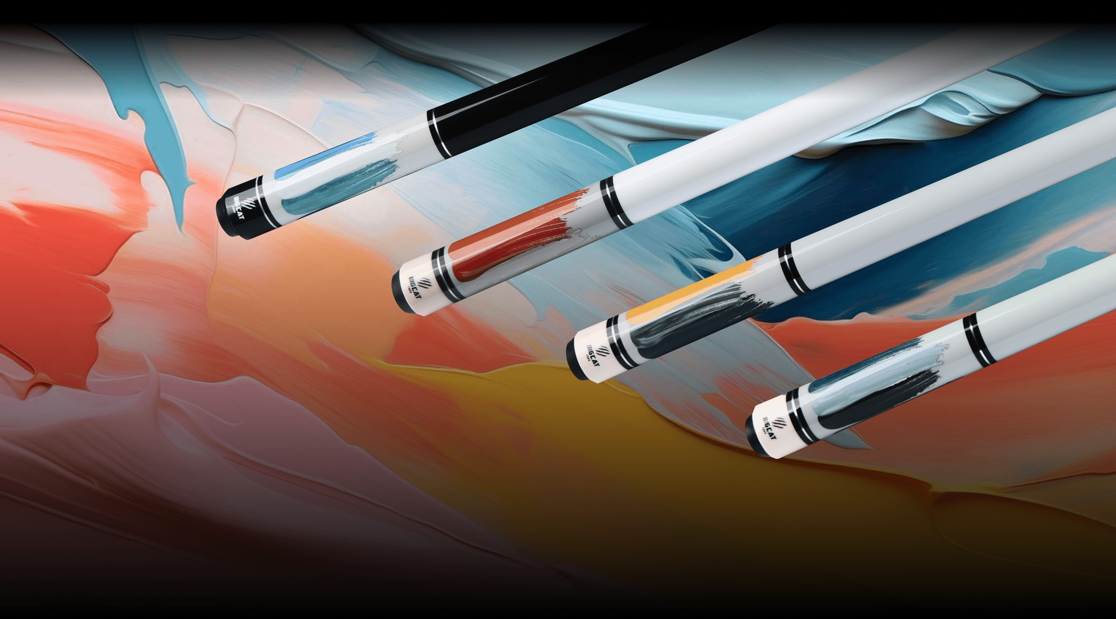 Three pool cues with colorful shafts against a blurred background